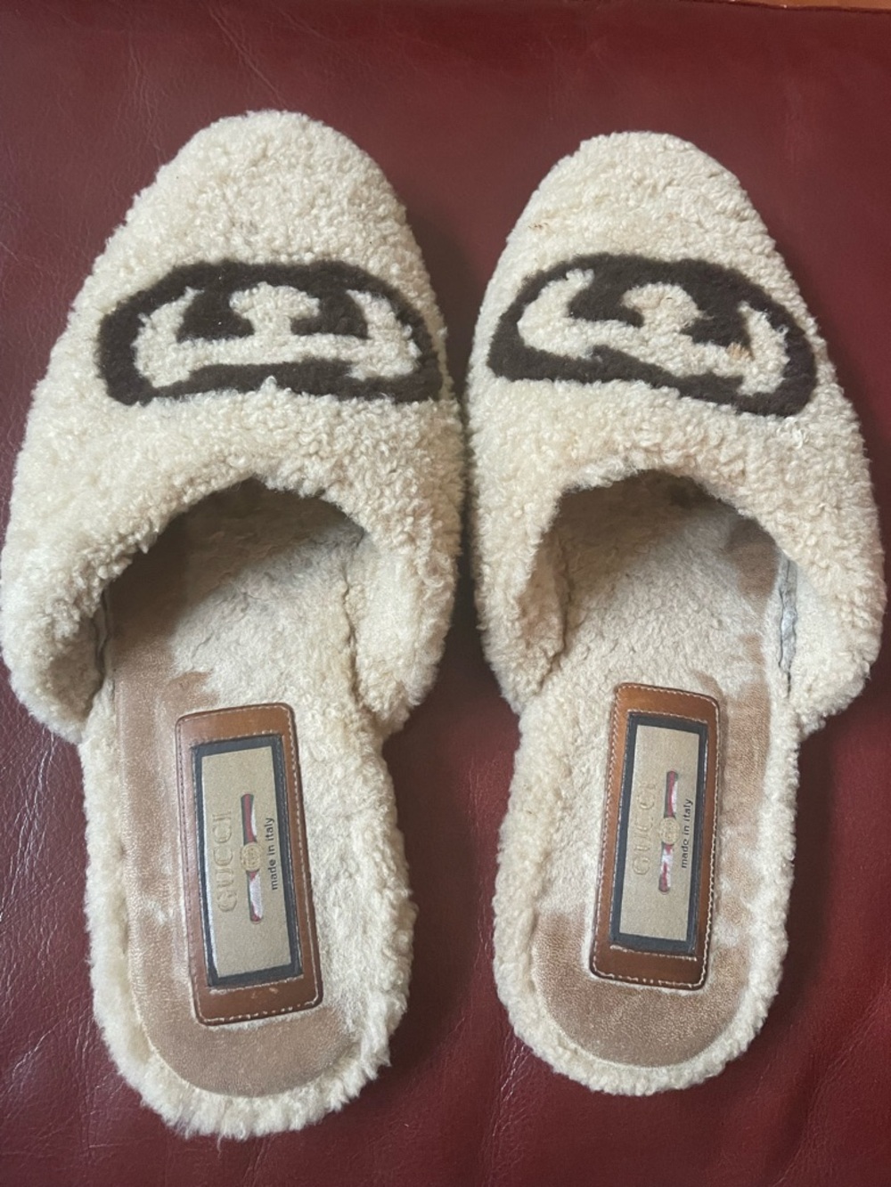 Gucci Beige Shearling Logo Slide Shearling Slippers, Size 38